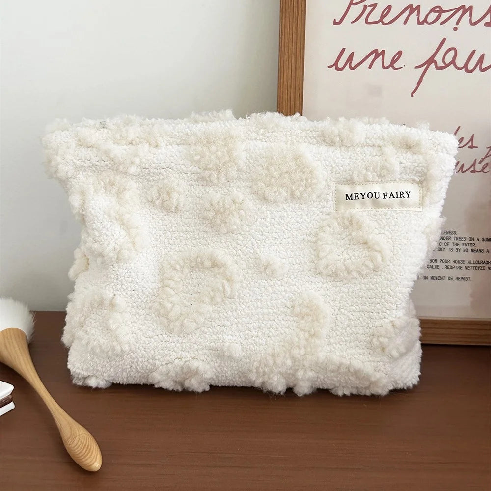 Size S Heart Pattern Soft Plush Makeup Bag Portable Cosmetic Organizer Toiletry Storage Pouch - Beige - 2