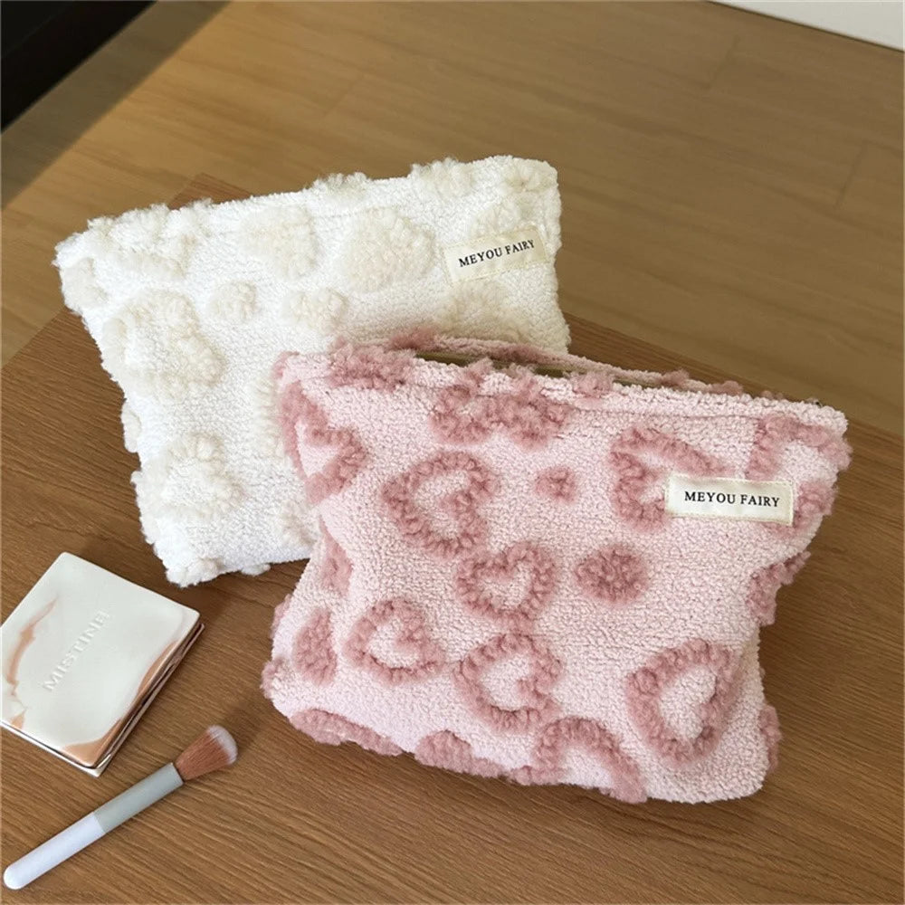 Size S Heart Pattern Soft Plush Makeup Bag Portable Cosmetic Organizer Toiletry Storage Pouch - Beige - 3