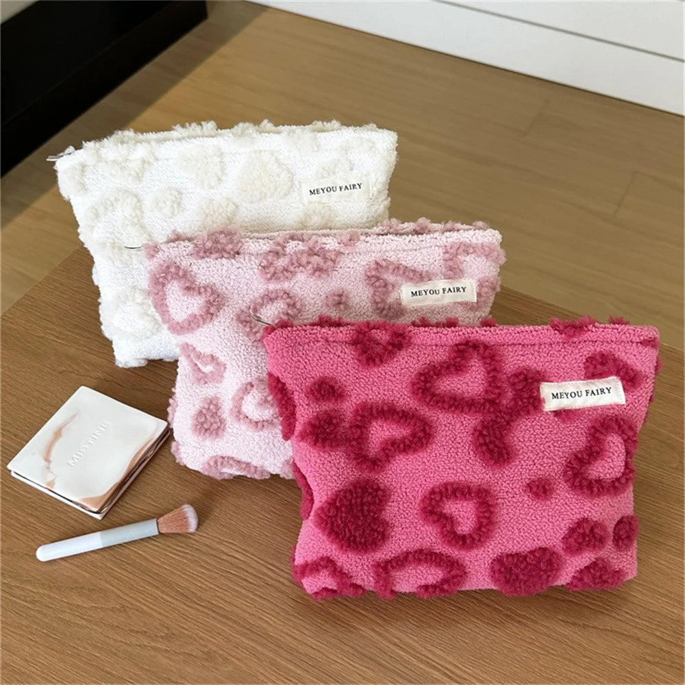 Size S Heart Pattern Soft Plush Makeup Bag Portable Cosmetic Organizer Toiletry Storage Pouch - Beige - 6