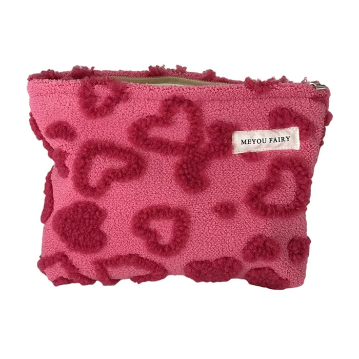 Size L Heart Pattern Soft Plush Makeup Bag Portable Cosmetic Organizer Toiletry Storage Pouch - Rose - 1