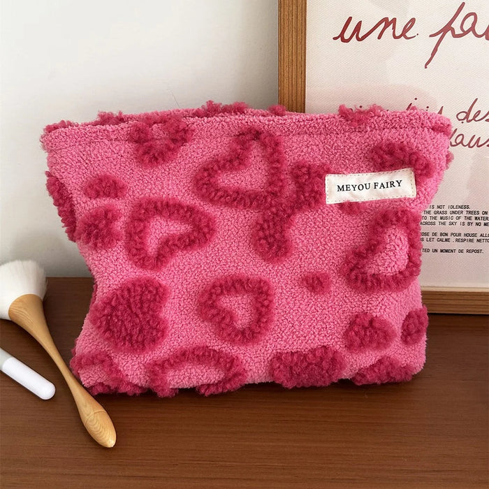 Size L Heart Pattern Soft Plush Makeup Bag Portable Cosmetic Organizer Toiletry Storage Pouch - Rose - 2