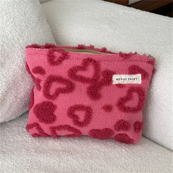 Size L Heart Pattern Soft Plush Makeup Bag Portable Cosmetic Organizer Toiletry Storage Pouch - Rose - 4