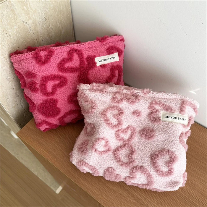 Size L Heart Pattern Soft Plush Makeup Bag Portable Cosmetic Organizer Toiletry Storage Pouch - Rose - 5