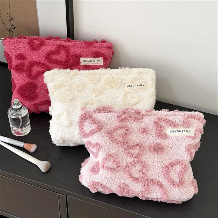 Size L Heart Pattern Soft Plush Makeup Bag Portable Cosmetic Organizer Toiletry Storage Pouch - Rose - 7