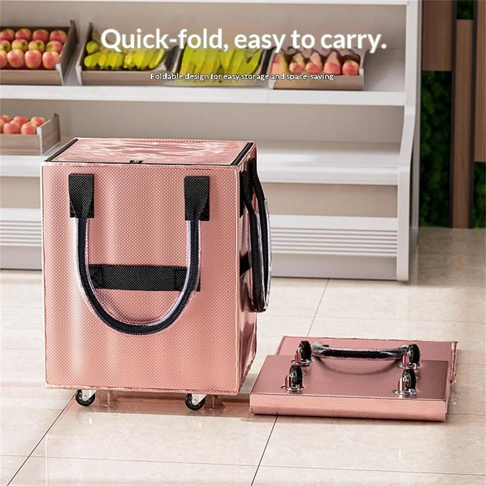 Grocery Bag on Wheels Long Handle Foldable Rolling Shopping Bag for Travel Outdoor Business Trip - Rose Gold - 2