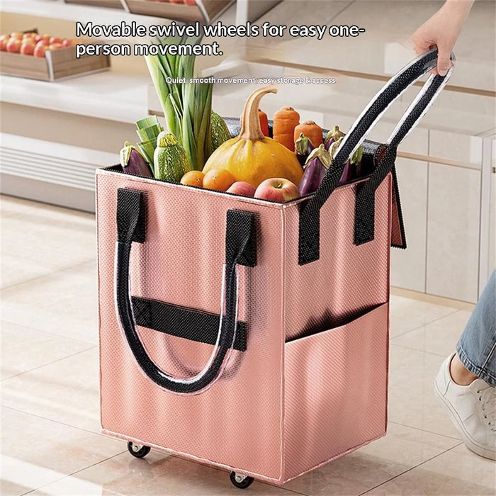 Grocery Bag on Wheels Long Handle Foldable Rolling Shopping Bag for Travel Outdoor Business Trip - Rose Gold - 3