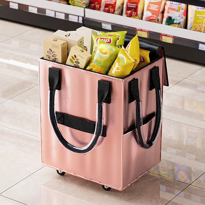 Grocery Bag on Wheels Long Handle Foldable Rolling Shopping Bag for Travel Outdoor Business Trip - Rose Gold - 6