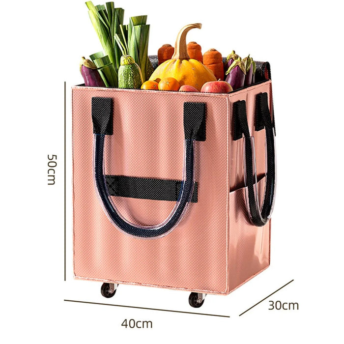 Grocery Bag on Wheels Long Handle Foldable Rolling Shopping Bag for Travel Outdoor Business Trip - Rose Gold - 7