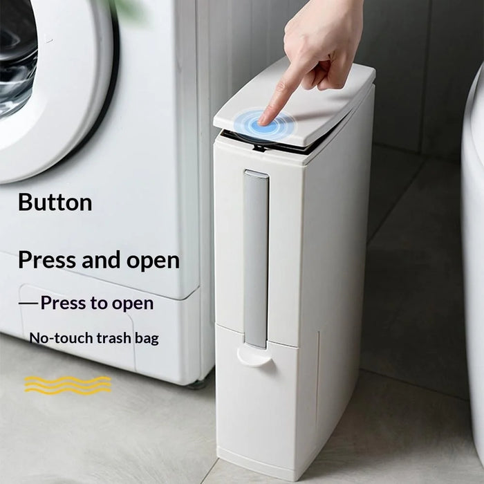 Japanese Style Push-Type Trash Can Bathroom Square Waste Bin with Integrated Toilet Brush - Ivory White - 2