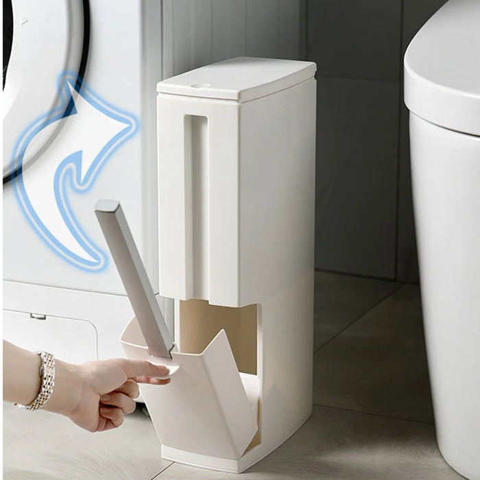 Japanese Style Push-Type Trash Can Bathroom Square Waste Bin with Integrated Toilet Brush - Ivory White - 3