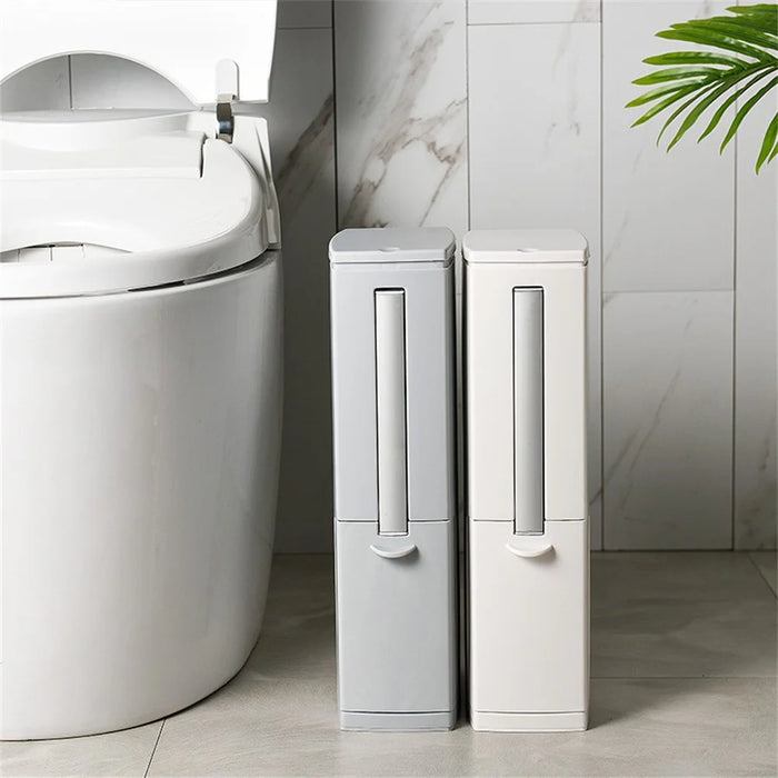 Japanese Style Push-Type Trash Can Bathroom Square Waste Bin with Integrated Toilet Brush - Ivory White - 4