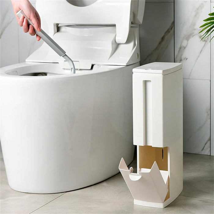 Japanese Style Push-Type Trash Can Bathroom Square Waste Bin with Integrated Toilet Brush - Ivory White - 5