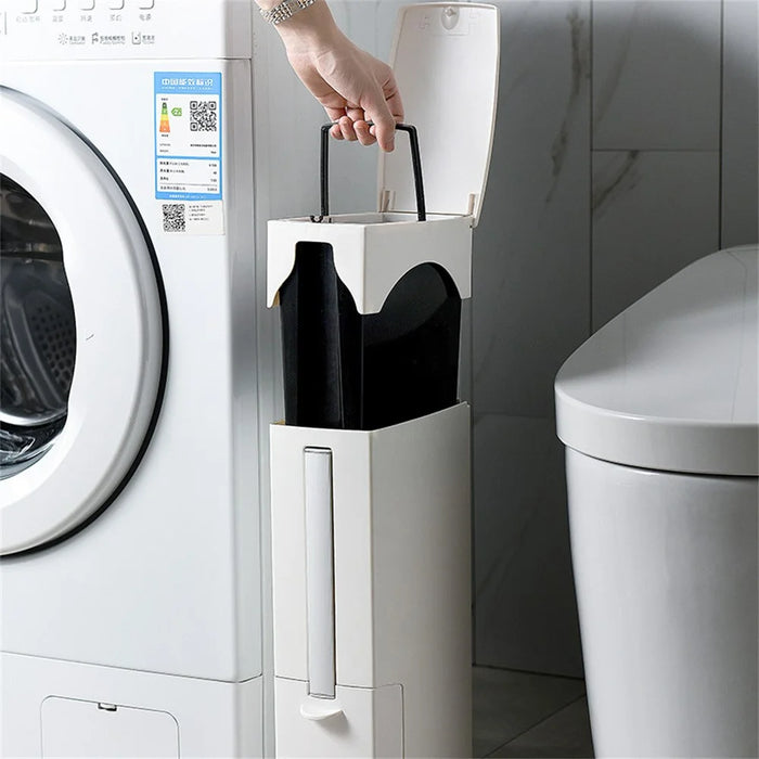 Japanese Style Push-Type Trash Can Bathroom Square Waste Bin with Integrated Toilet Brush - Ivory White - 6