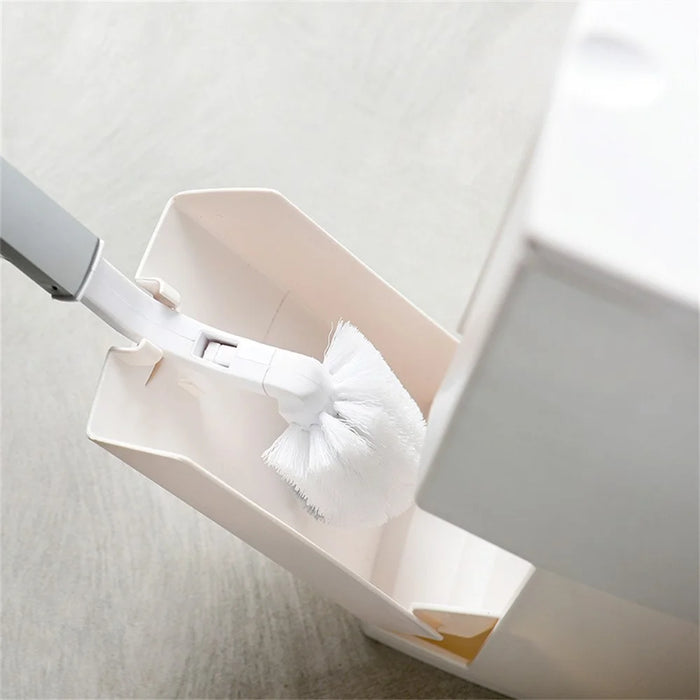 Japanese Style Push-Type Trash Can Bathroom Square Waste Bin with Integrated Toilet Brush - Ivory White - 7