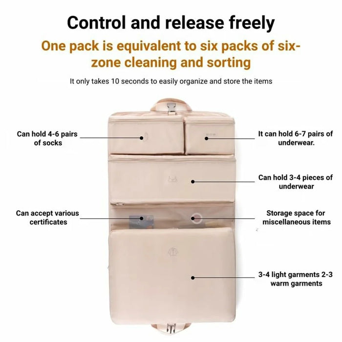 6 in 1 Compression Packing Cubes Travel Organizer Foldable Hanging Clothes Storage Bag for Suitcase - Beige - 3