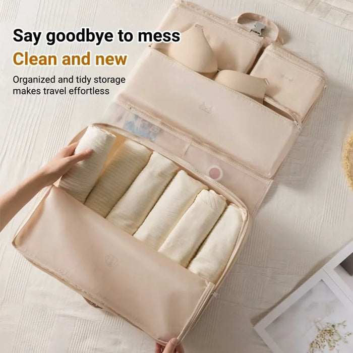 6 in 1 Compression Packing Cubes Travel Organizer Foldable Hanging Clothes Storage Bag for Suitcase - Beige - 4