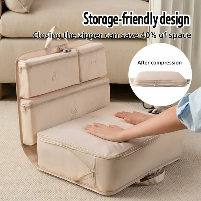 6 in 1 Compression Packing Cubes Travel Organizer Foldable Hanging Clothes Storage Bag for Suitcase - Beige - 6