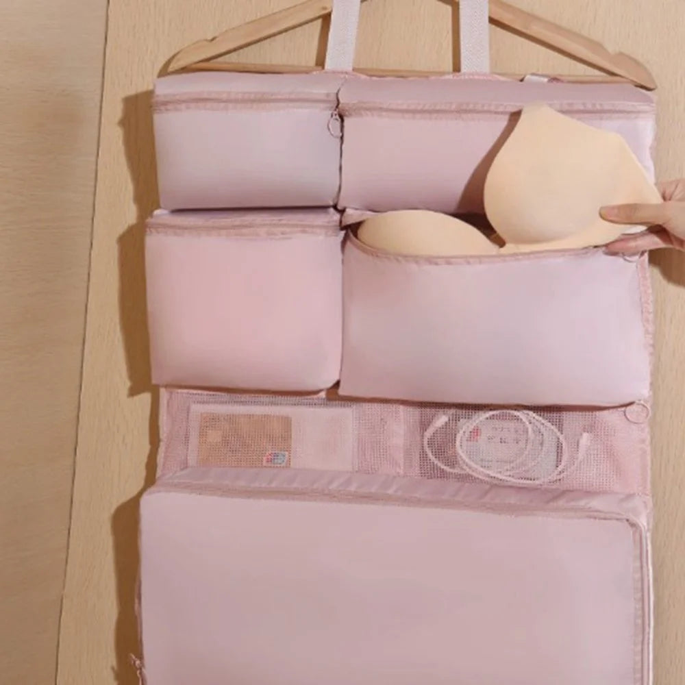 7 Separate Compartments Hanging Clothes Storage Bags Portable Underwear Organizer Large Capacity Toiletry Bag for Travel Business - Pink - 6