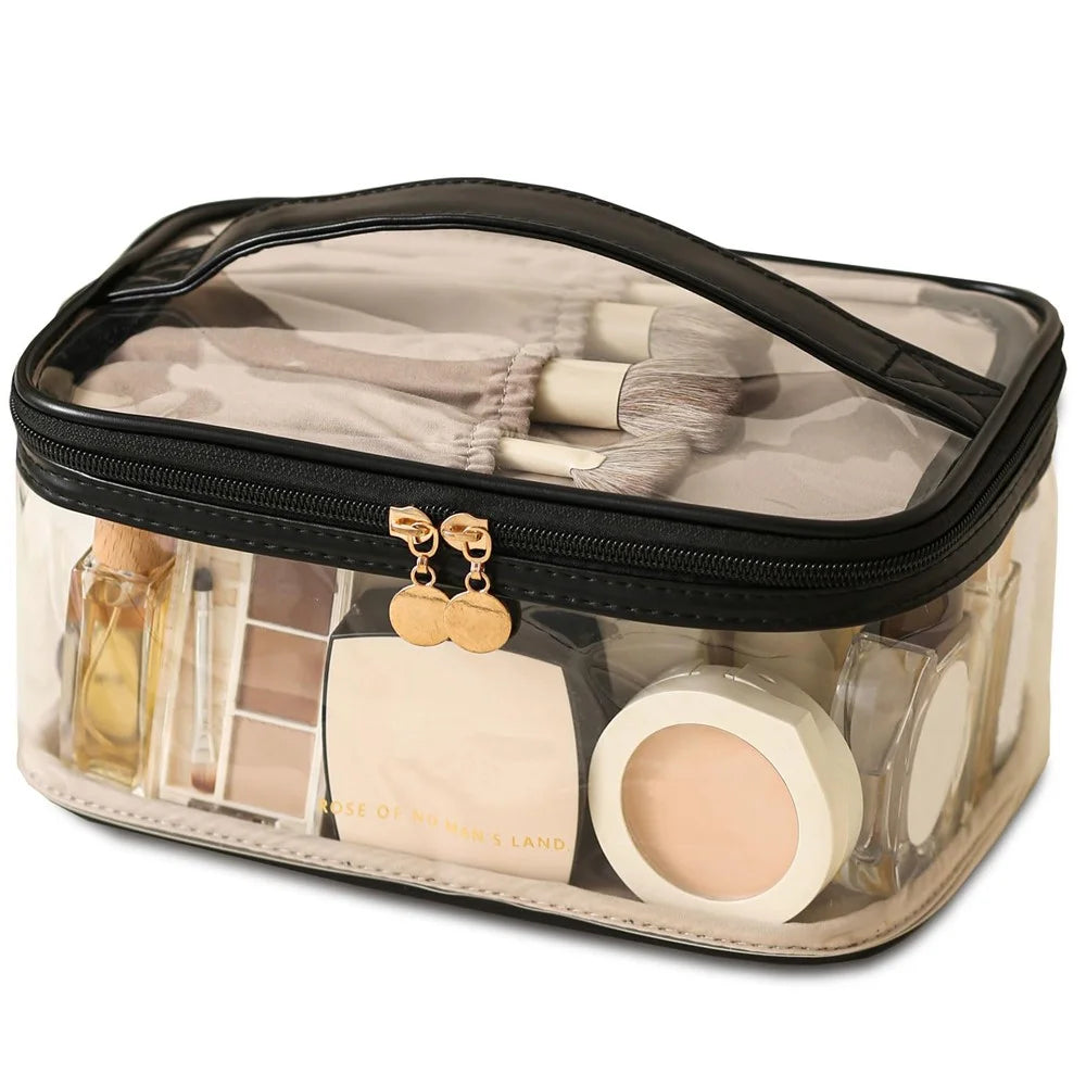 Transparent Makeup Bag Large-Capacity Waterproof Travel Toiletry Organizer with Brush Slots - Black - 1
