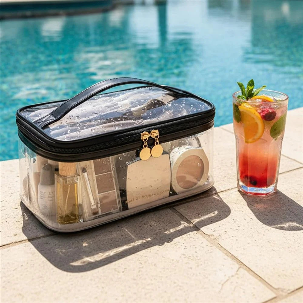 Transparent Makeup Bag Large-Capacity Waterproof Travel Toiletry Organizer with Brush Slots - Black - 3