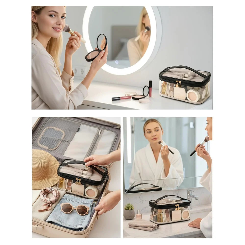 Transparent Makeup Bag Large-Capacity Waterproof Travel Toiletry Organizer with Brush Slots - Black - 5