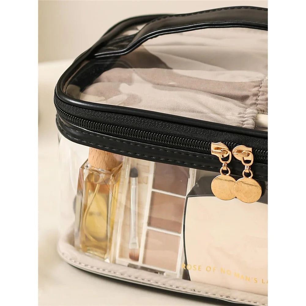 Transparent Makeup Bag Large-Capacity Waterproof Travel Toiletry Organizer with Brush Slots - Black - 6