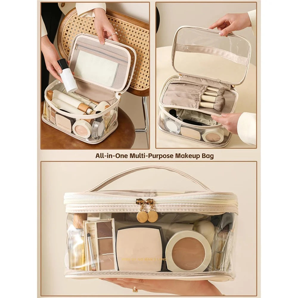 Transparent Makeup Bag Large-Capacity Waterproof Travel Toiletry Organizer with Brush Slots - Black - 7