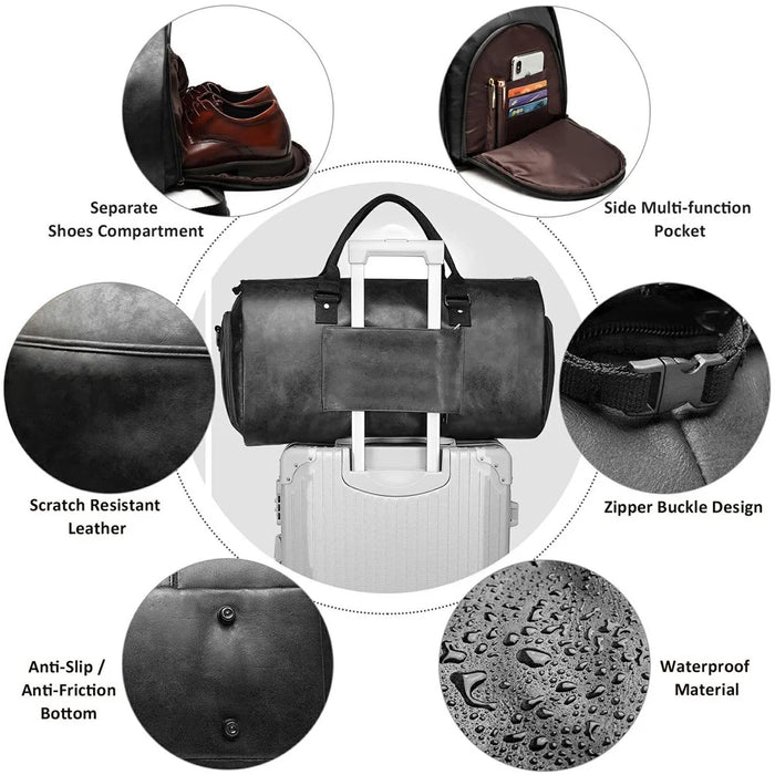 Convertible Travel Garment Bag for Men Leather Travel Bag with Shoe Compartment Waterproof Luggage - Black - 2