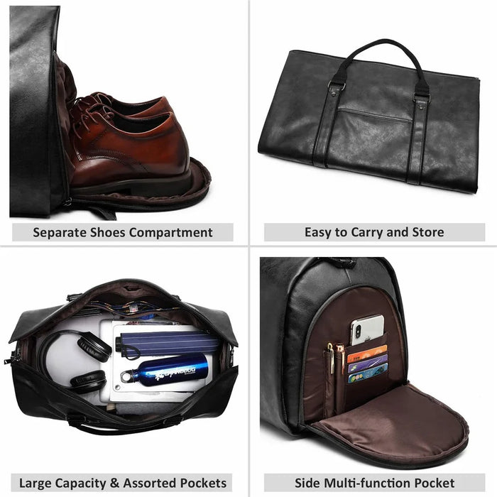 Convertible Travel Garment Bag for Men Leather Travel Bag with Shoe Compartment Waterproof Luggage - Black - 3