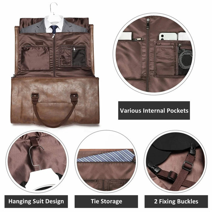 Convertible Travel Garment Bag for Men Leather Travel Bag with Shoe Compartment Waterproof Luggage - Black - 4
