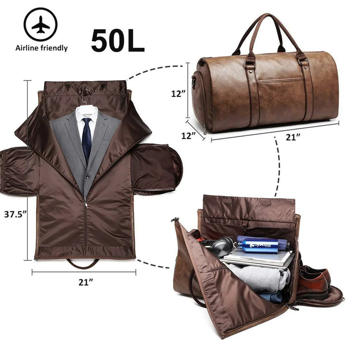 Convertible Travel Garment Bag for Men Leather Travel Bag with Shoe Compartment Waterproof Luggage - Black - 6
