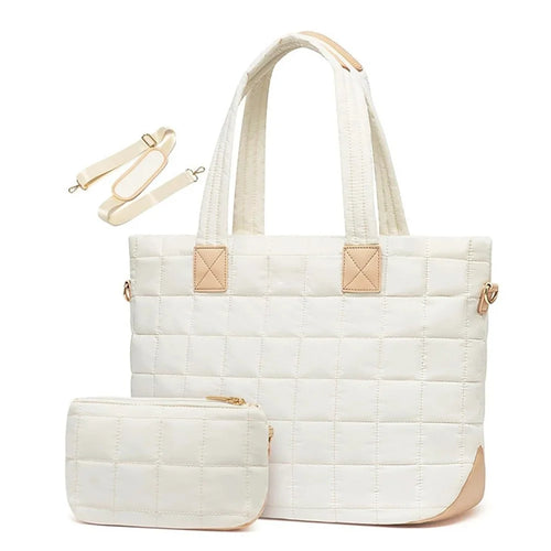 26L Large Capacity Zipper Tote Bag Quilted Work Laptop Bag with Multiple Pockets Anti-Theft for Office Travel - White - 1