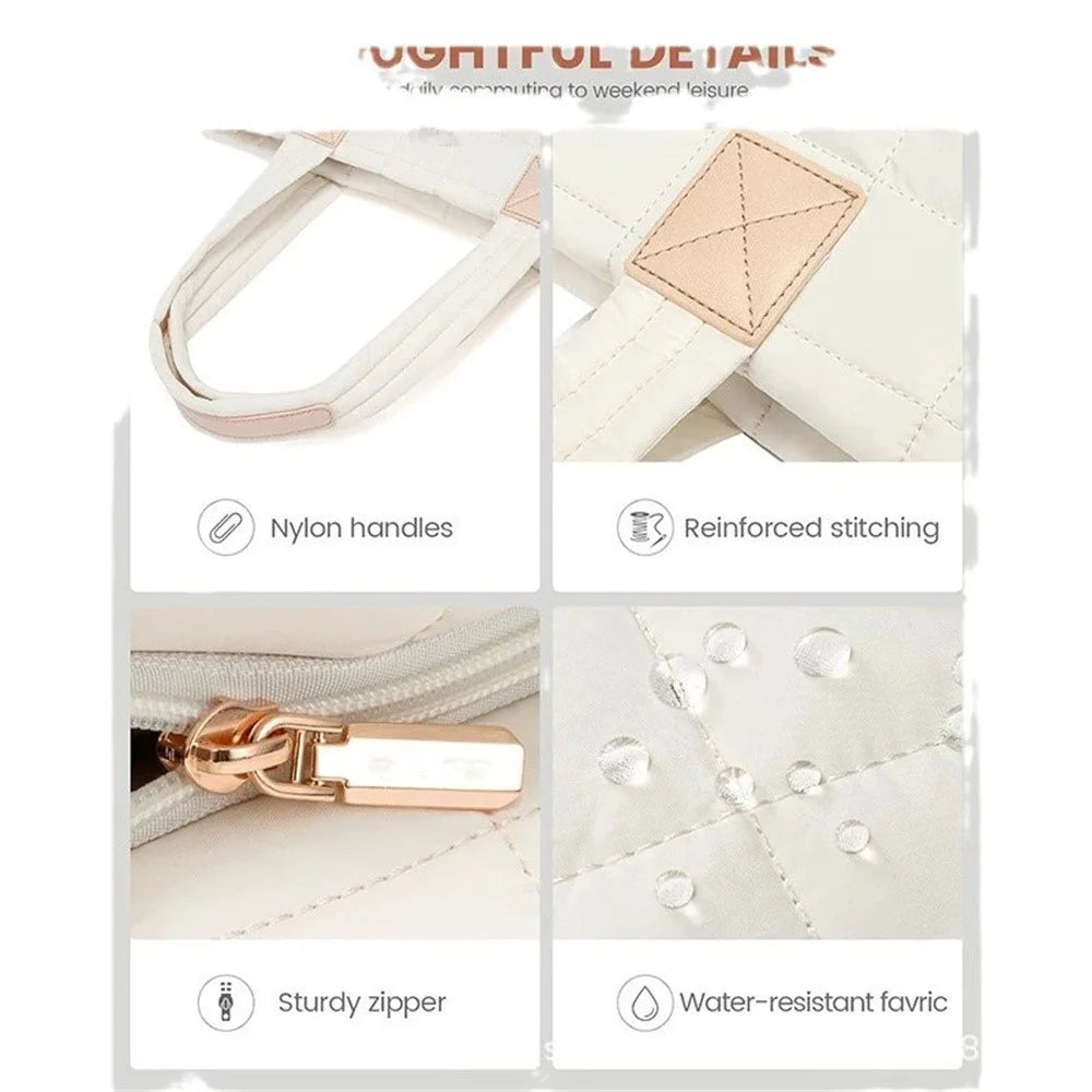 26L Large Capacity Zipper Tote Bag Quilted Work Laptop Bag with Multiple Pockets Anti-Theft for Office Travel - White - 3