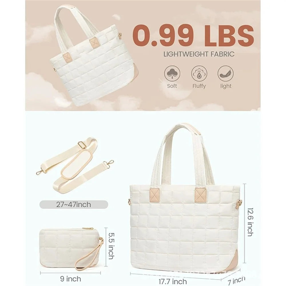 26L Large Capacity Zipper Tote Bag Quilted Work Laptop Bag with Multiple Pockets Anti-Theft for Office Travel - White - 4
