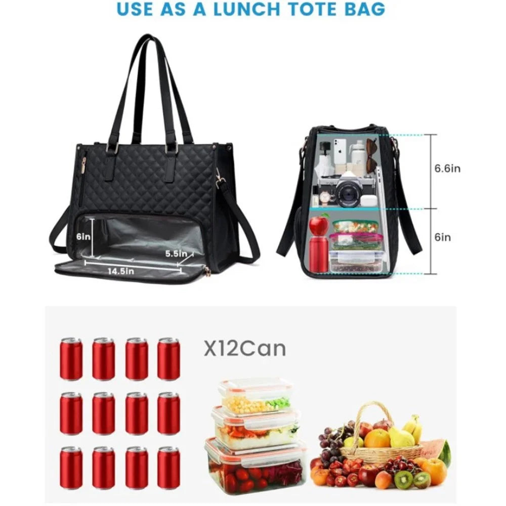 Large Capacity Lunch Handbag Insulated Leakproof Crossbody Computer Bag with Card Wallet for Travel Work School - Black - 2