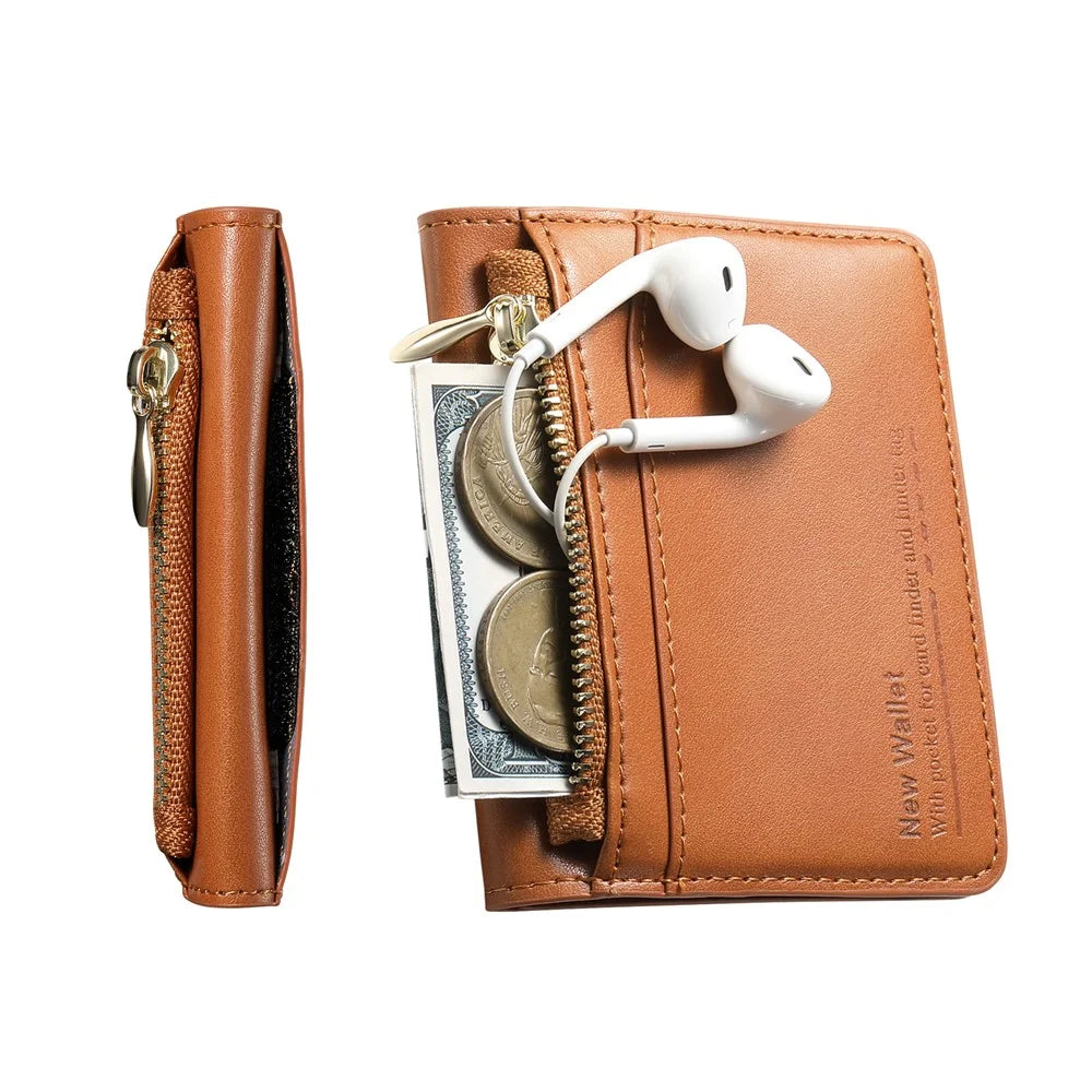 Anti Theft RFID Blocking Zippered Wallet Card Holder Compact Cash Organizer Multiple Card Slots - Brown - 6