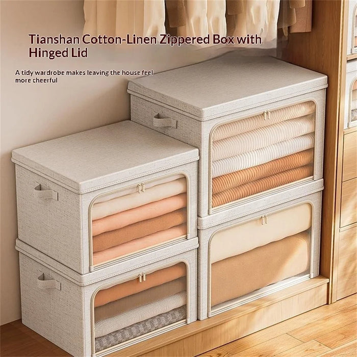 Size XL Cotton Linen Storage Box with Lid Foldable Clothes Organizer, 60 x 42 x 40cm - Light Yellow - 7