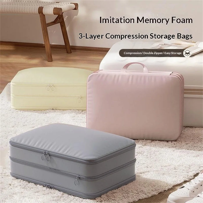 Size L 3-Layer Compression Storage Bag Imitation Memory Fabric Travel Packing Cubes Expandable Luggage Organizer - Grey - 7
