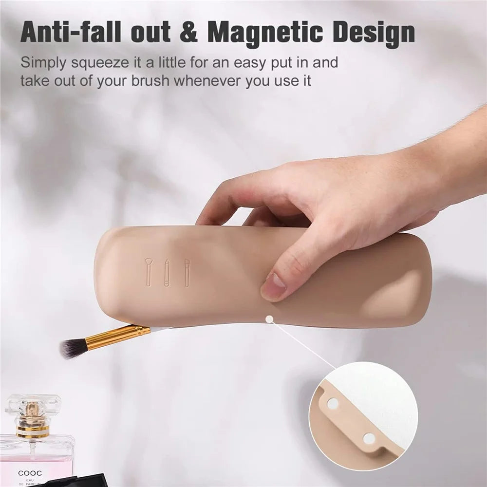 Magnetic Silicone Makeup Brush Holder Travel Organizer Portable Cosmetic Storage Case - Khaki - 4