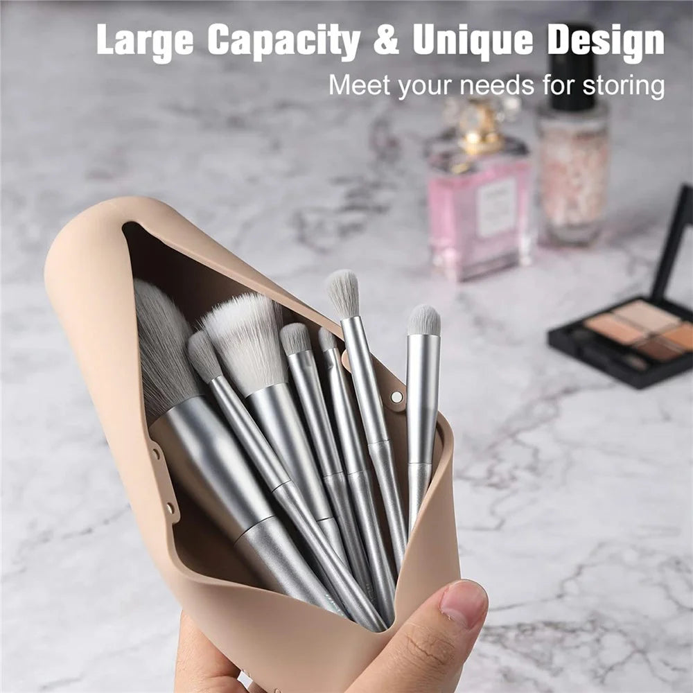 Magnetic Silicone Makeup Brush Holder Travel Organizer Portable Cosmetic Storage Case - Khaki - 5
