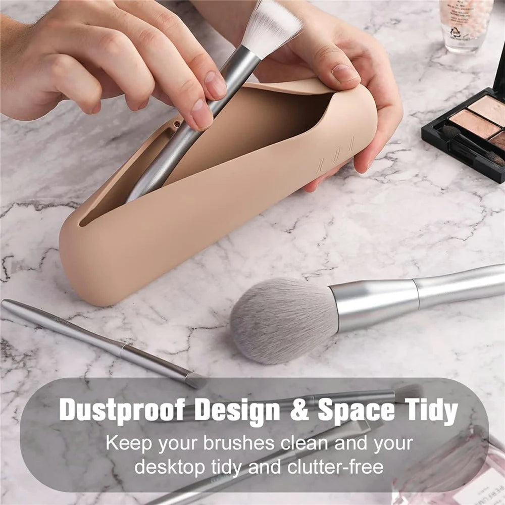 Magnetic Silicone Makeup Brush Holder Travel Organizer Portable Cosmetic Storage Case - Khaki - 6