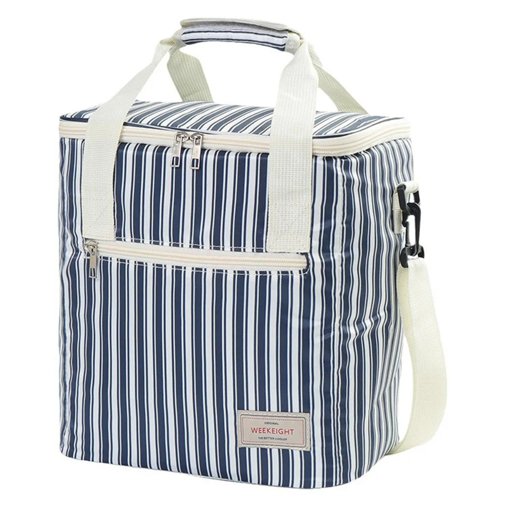WEEKEIGHT Large Capacity Striped Insulated Cooler Bag Portable Lunch Bag Picnic Thermal Food Storage Tote - Navy Blue - 1