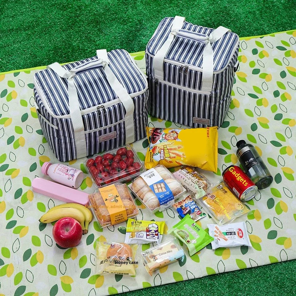 WEEKEIGHT Large Capacity Striped Insulated Cooler Bag Portable Lunch Bag Picnic Thermal Food Storage Tote - Navy Blue - 2