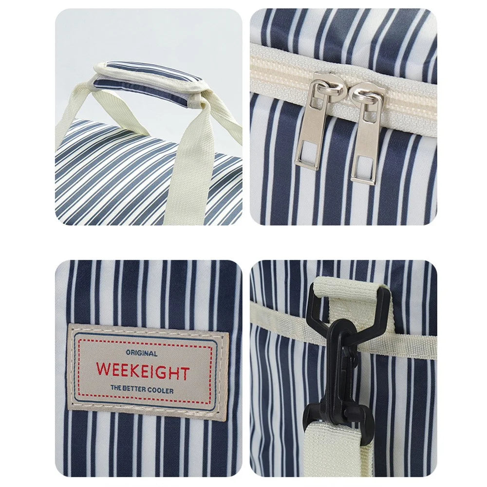 WEEKEIGHT Large Capacity Striped Insulated Cooler Bag Portable Lunch Bag Picnic Thermal Food Storage Tote - Navy Blue - 3