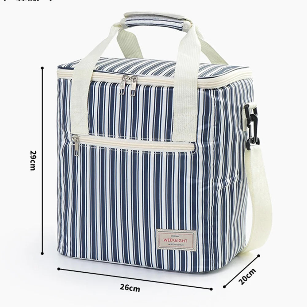 WEEKEIGHT Large Capacity Striped Insulated Cooler Bag Portable Lunch Bag Picnic Thermal Food Storage Tote - Navy Blue - 4