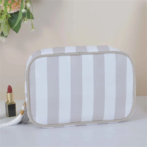 Striped Tassel Makeup Bag Large Capacity Portable Toiletry Bag Waterproof Travel Organizer Cosmetic Pouch - Grey - 1
