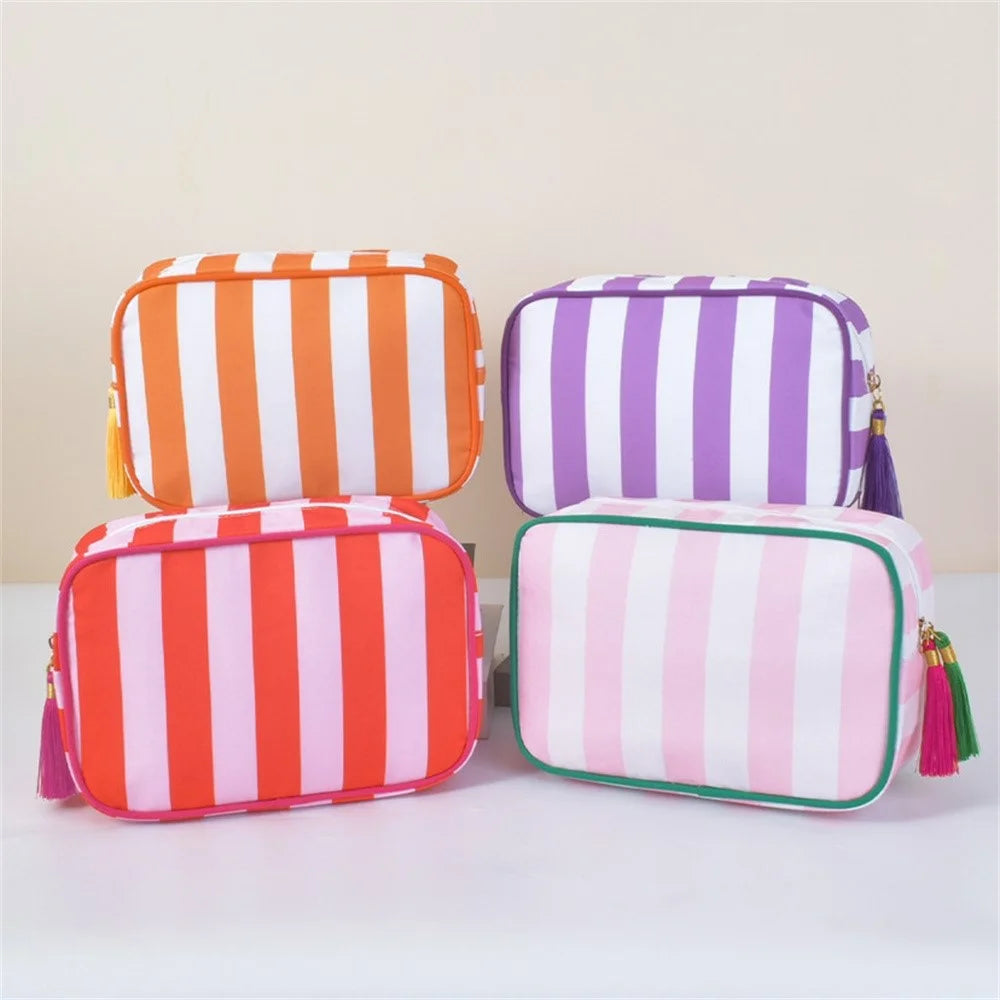 Striped Tassel Makeup Bag Large Capacity Portable Toiletry Bag Waterproof Travel Organizer Cosmetic Pouch - Grey - 2