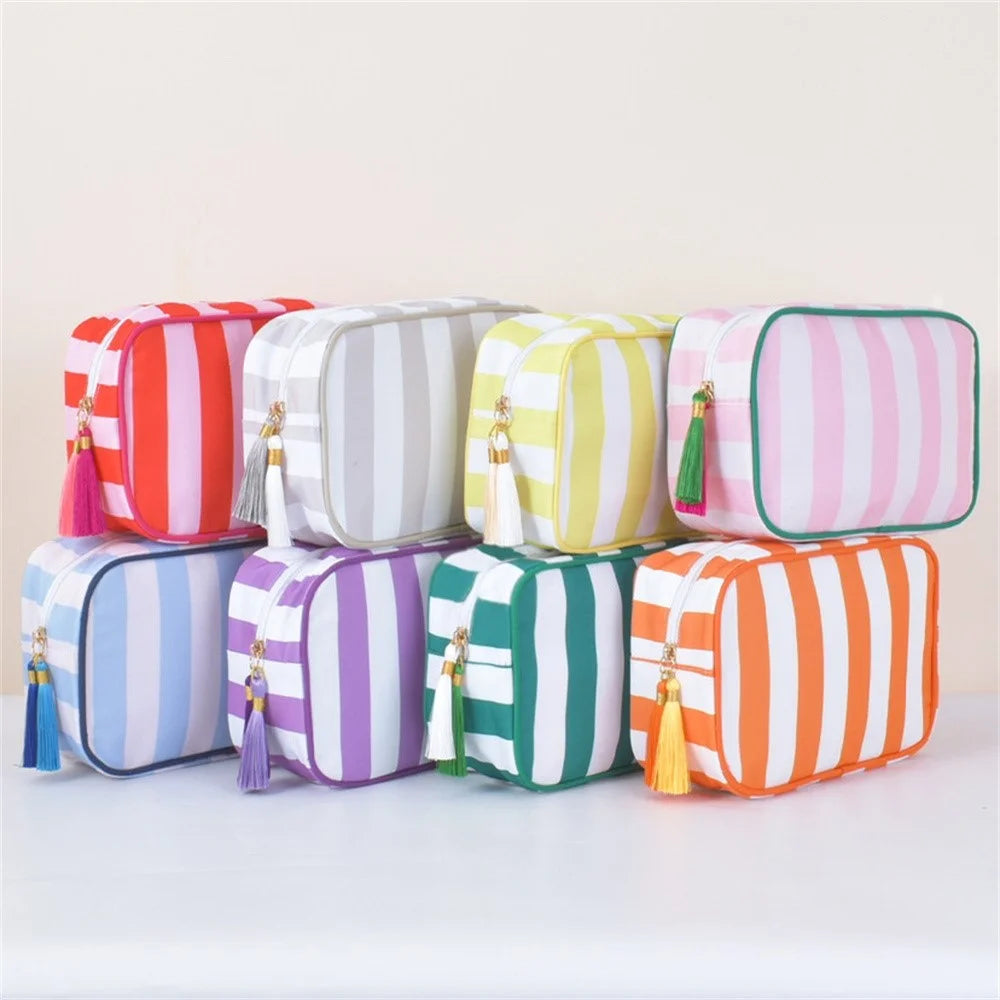 Striped Tassel Makeup Bag Large Capacity Portable Toiletry Bag Waterproof Travel Organizer Cosmetic Pouch - Grey - 3