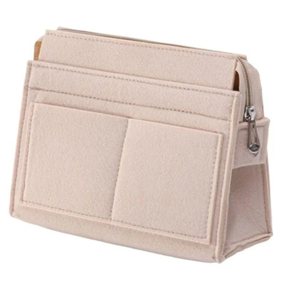 Small Size Felt Bag Organizer Insert Multi Compartment Large Capacity Structured Thick Handbag - Beige - 1