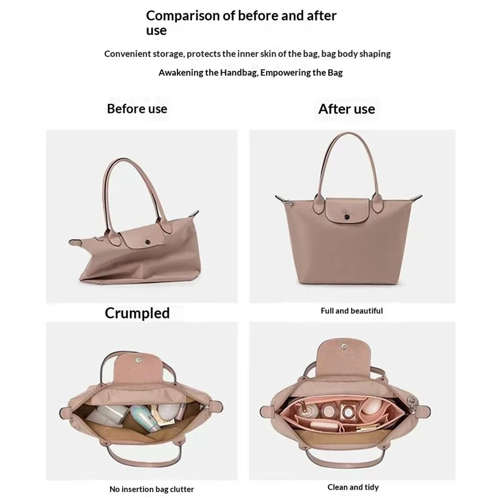 Small Size Felt Bag Organizer Insert Multi Compartment Large Capacity Structured Thick Handbag - Beige - 2